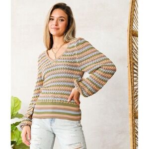 Willow & Root Striped VNeck Crochet Pointelle Sweater‎ Peach Blue Green Medium